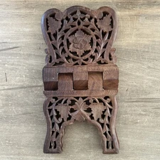 Vintage Hand Carved Wood Folding Cookbook Holder Bible Book Display Stand Boho