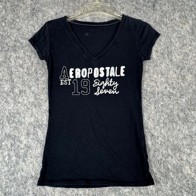 Aeropostale V Neck T Shirt Embroidered Graphic Y2K Sz S Faded Black Est.1987