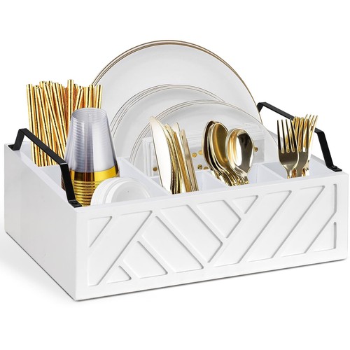 Paper Plate Dispenser and Holder for Kitchen Counter, Wood Rustic Silverware ...