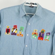 Warner Bros Looney Tunes Denim Shirt Mens Medium Blue Vintage 1997 Embroidered