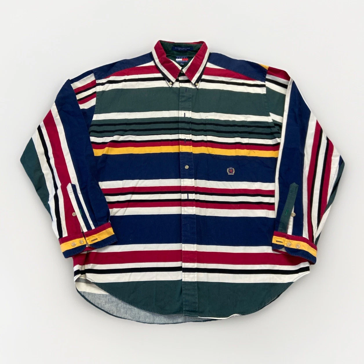 Vintage Tommy Hilfiger Shirt Mens XL Colorblock Striped Cotton 90s Button Down