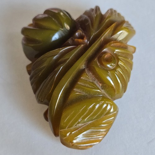 Vintage Bakelite Fur Clip Deeply Carved Spinach Green Marbled Leaf Flower Tested