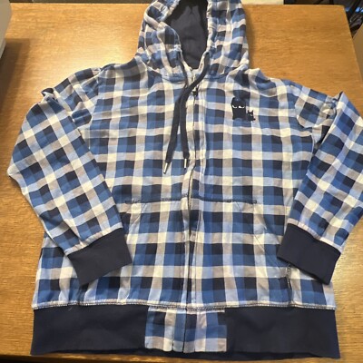 Em Polham Blue Plaid Full Zip Hoodie with Pockets and  Embroidered Owls Size XL