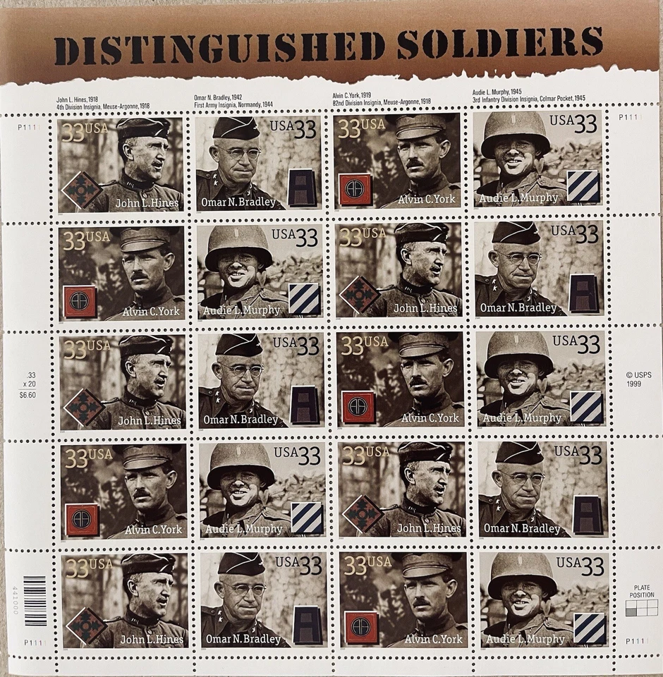 DISTINGUISHED SOLDIERS MNH SHEET OF 20 STAMPS SCOTT #3393-96, MNH FREE SHIP 33 C - Image 3 of 4