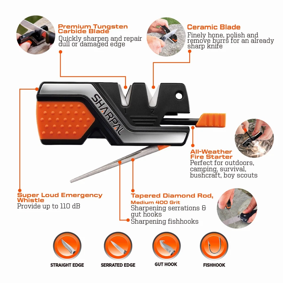 SHARPAL 6-In-1 Pocket Knife Sharpener&Survival Tool, with Fire Starter, Whistle - Image 2 of 4