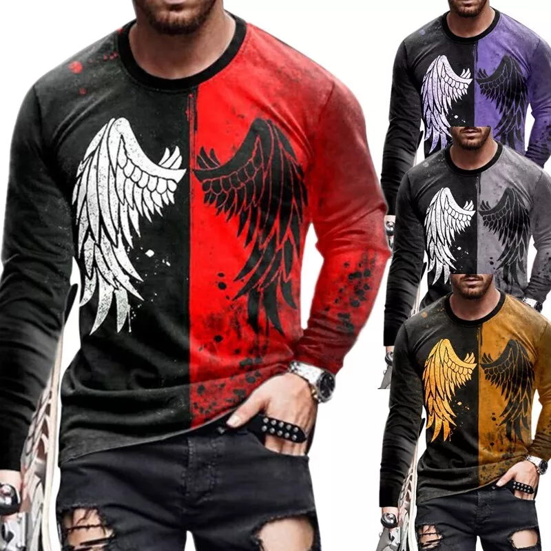 Men Wing Print Long Sleeve T-Shirts Round Neck Athletic Running Training  Tops