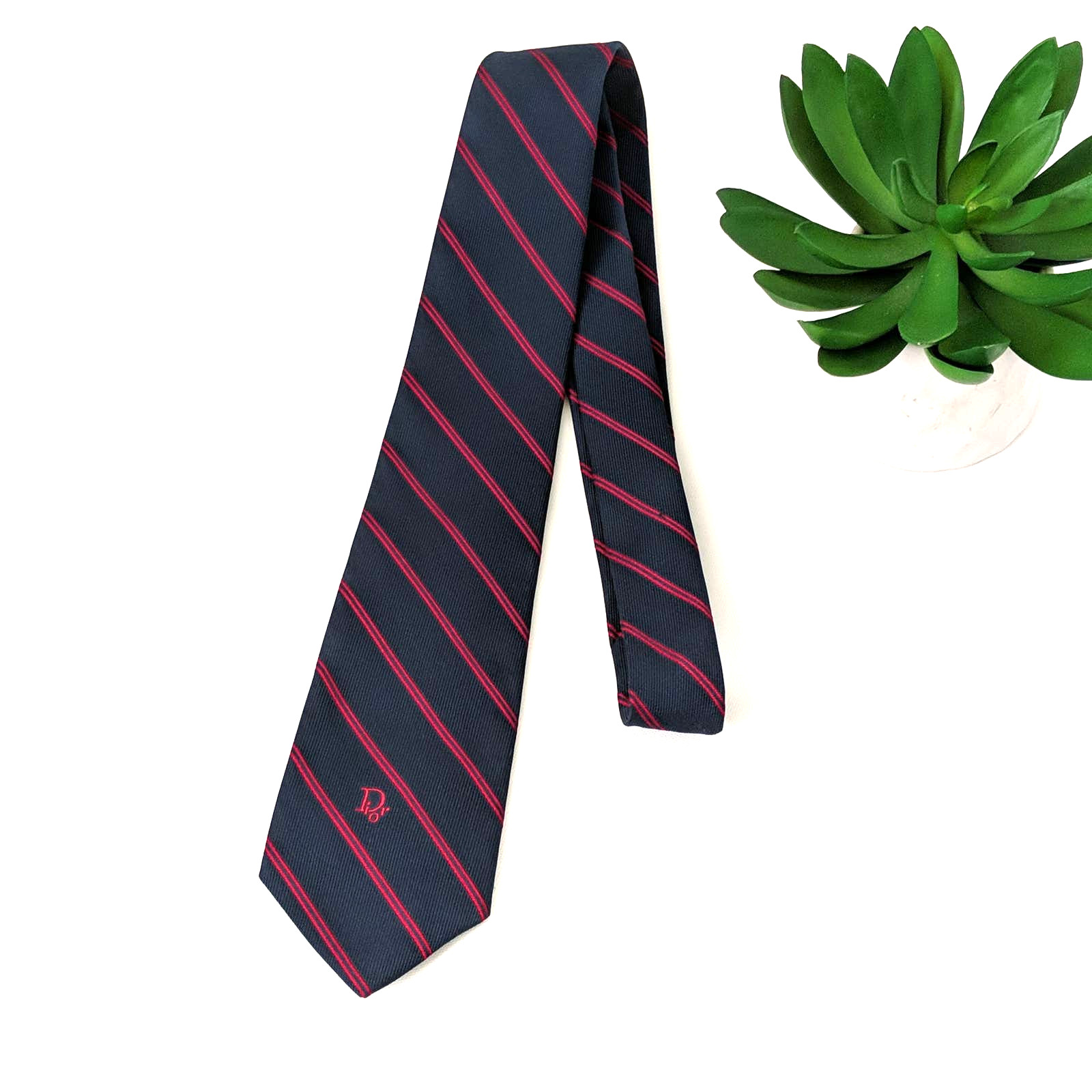 Christian Dior Men's Necktie Navy Blue Red Striped Vi… Gem