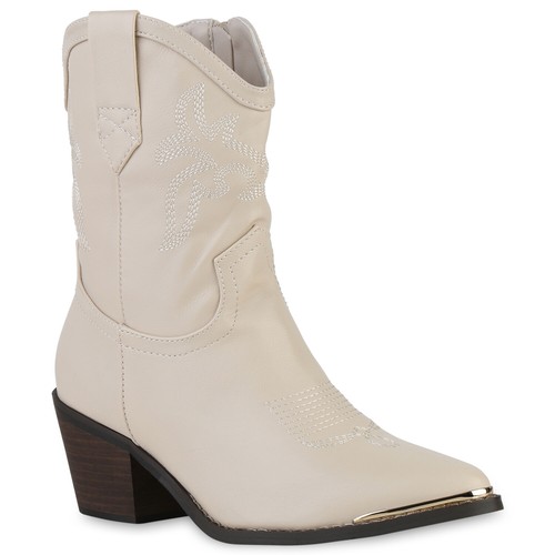 Damen Cowboy Boots Stiefeletten Stickereien Holzoptikabsatz 839934 ...