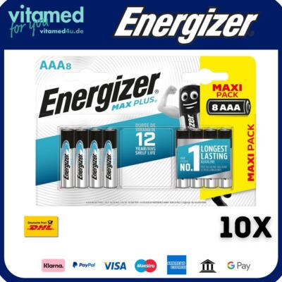 10x Energizer Max Plus AAA Micro LR03 Alkaline 1,5V Batterie 8er Blister