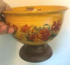 Vtg FTD FLORAL PEDESTAL BOWL Vase Ceramic Brown Gold Rust Red PLANTER POT 7"