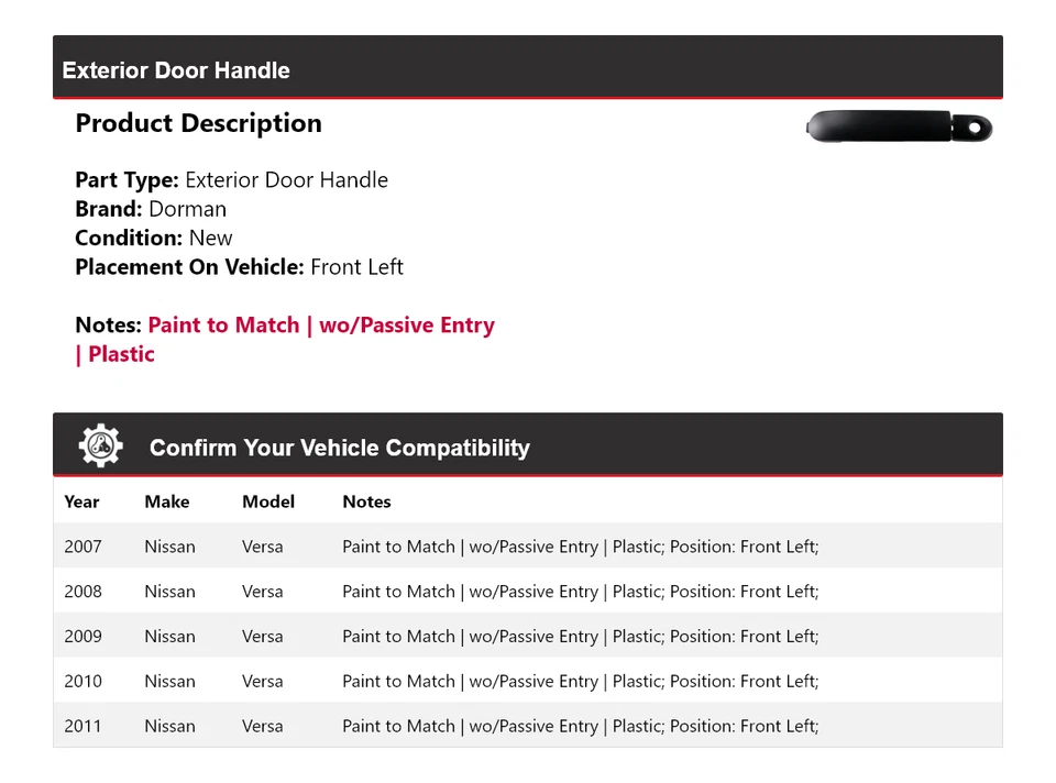 Manija de puerta exterior delantera izquierda para Nissan Versa Dorman 2007-2011 2008 2009 2010 Foto 2 de 4