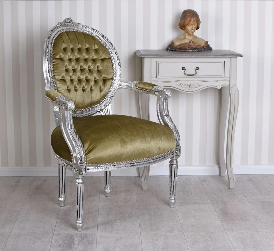 Poltrona Braccioli Antico Sedia Barocco Argento Velluto Sala da Pranzo con - Immagine 3 di 4