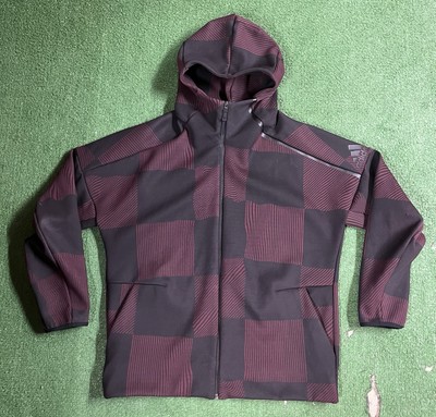 Adidas ZNE Checkered Sweatshirt Men s Size XL Burgundy & Black Full Zip Hoodie