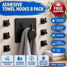 8 Pack Black Adhesive Towel Hooks Stainless Steel Wall Hooks No Drill Heavy Duty