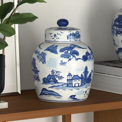 9 In. Blue Ceramic Rounded Chinoiserie Jar with Lid