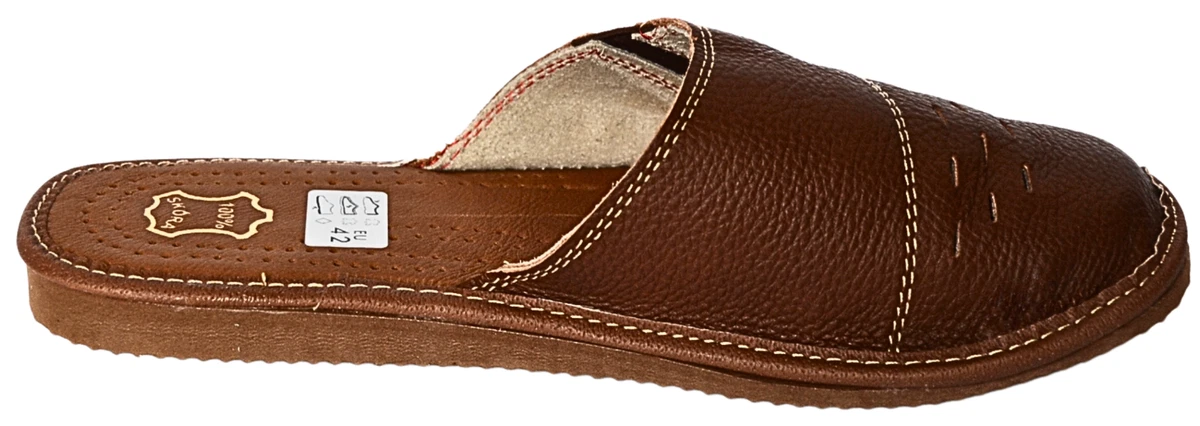 Herren Leder Hausschuhe Rindsleder  Pantoffeln Braun Latschen Schlappen Gr.40-46