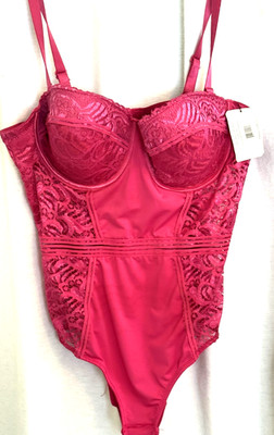 NWT Rene Rofe Pink Lace One piece Lingerie Bodysuit Demi Push Up Size Med