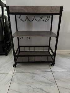 Modern Black/Gray Metal Bar Cart, 4 Wheels, Wine Bottle Rack, 2 Shelves