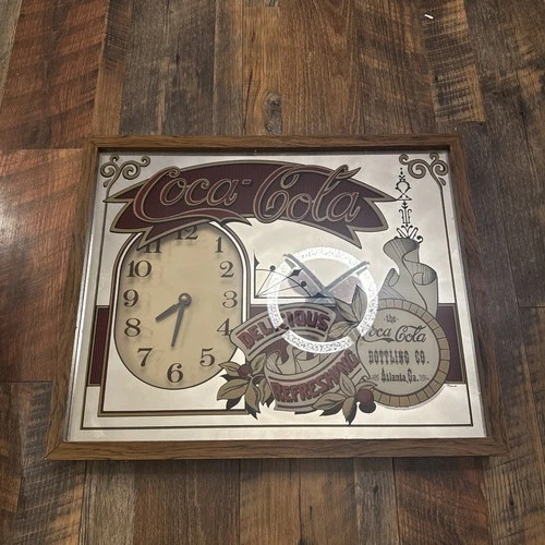 Rare Vintage Coca Cola Mirrored Wood Wall Clock Working Excellent 21” x 17”