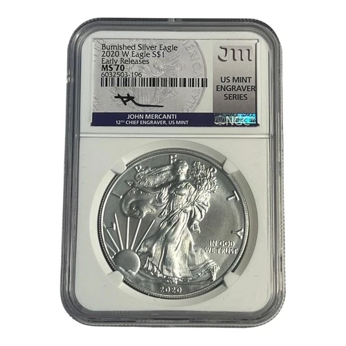 2020 W Burnished Silver Eagle, NGC MS 70 Mercanti Signed Mint Engraver Series 5A