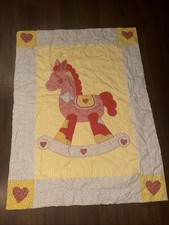 Vintage Baby Blanket- Bedding Red Yellow Rocking Horse Handmade Comforter 56x43