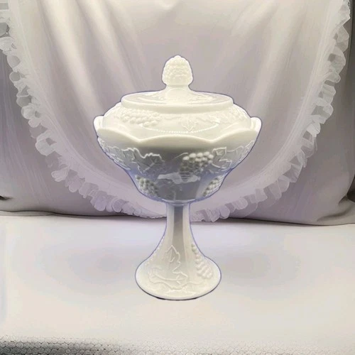 Vintage Indiana Glass Harvest Grape Milk Glass Candy Dish with Lid