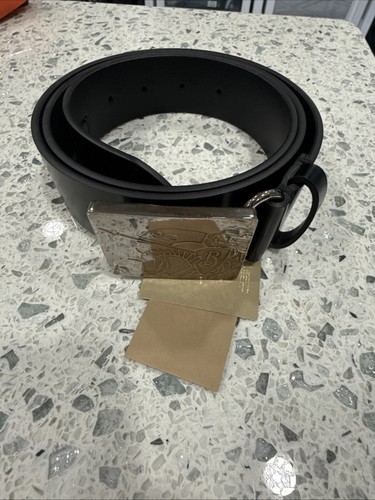 Burberry Silver Logo Men's Black Leather Belt Size 100 40 Italy With Tags - Picture 3 of 6