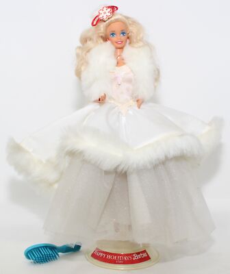 1989 HAPPY HOLIDAYS Barbie Doll Special Edition White Dress with Stand  Brush 74299035234|