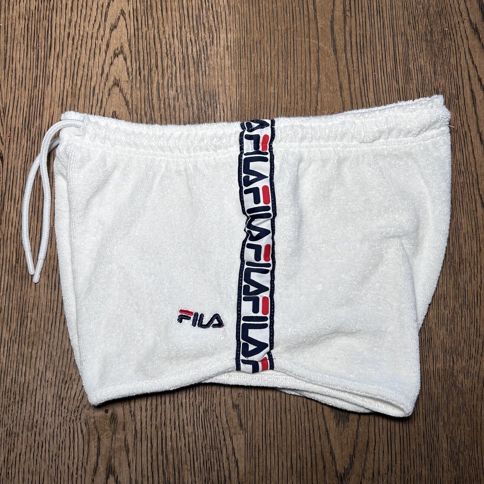 Fila Montana pantaloncino spugna donna piccolo uk 8 bianco anni 80 casual terrazze