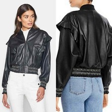$898 Joie Temis B Ruffle Caviar Black Lamb Leather Bomber Jacket Size Small New