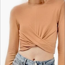 ZARA Trafaluc Cropped Top, Light Camel Tan Solid Twist Front Boho Casual Soft, L