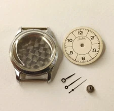 VINTAGE Watch Kit ZIM Case, Glass, Dial, Hour hands, Crown SOVIET USSR