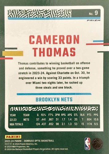 2023-24 Panini Donruss Optic - Purple Prizm #9 Cameron Thomas- Nets - Picture 2 of 2