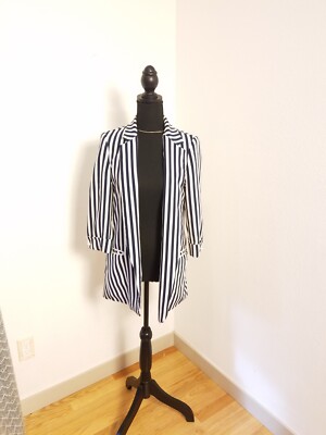 ZARA Striped Blazer Jacket Coat Lined 3/4 Sleeve Womens Black