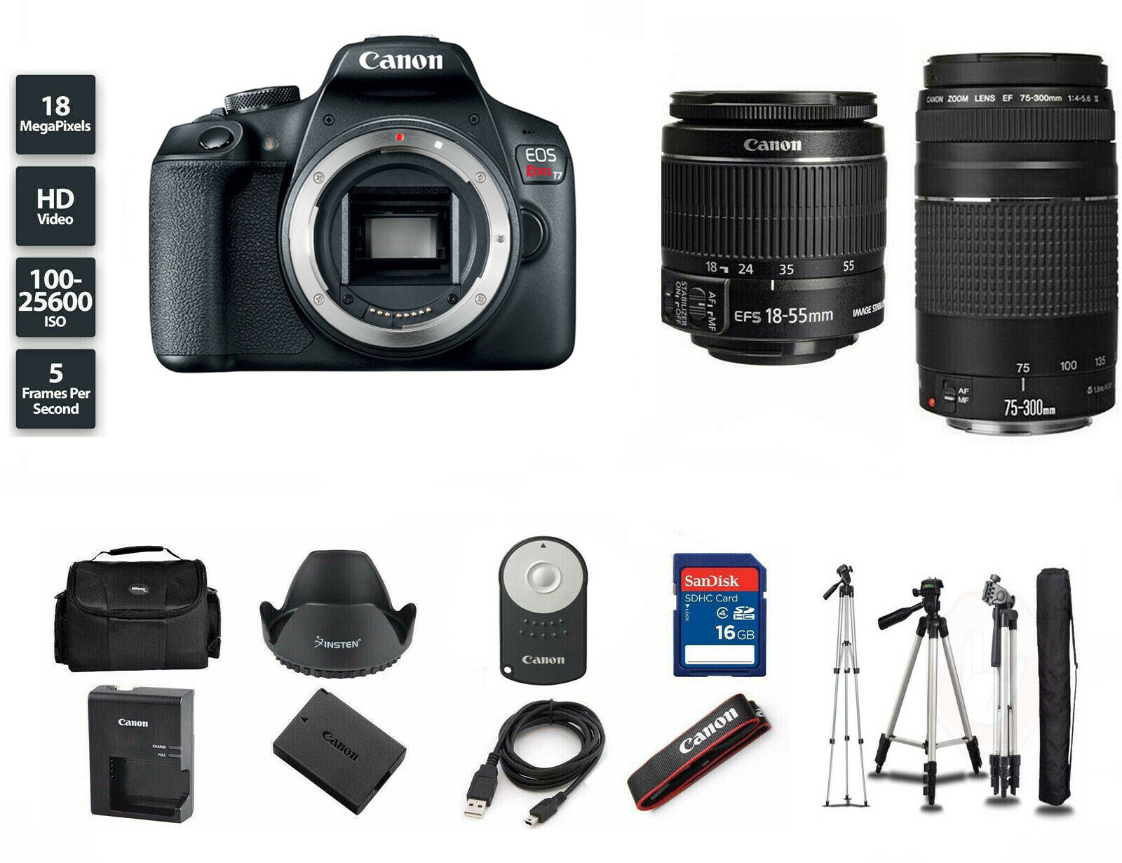 Canon EOS Rebel T7 24.1MP DSLR Camera with EF-S 18-55 and 75-300mm Lens