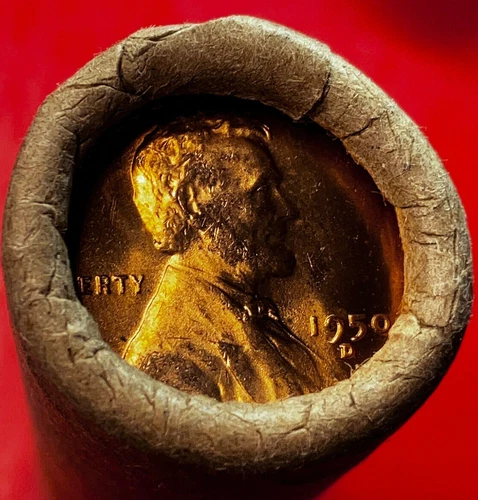 1950-D Lincoln Wheat Cent Penny Roll GEM RED  Uncirculated Sealed Old Bank Wrap.