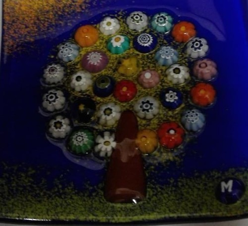 ART GLASS Dish Mid CenturyTree Design w/Embedded Millefiori Beads Signed M - Picture 3 of 8