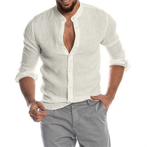 Herren Freizeit Lose Leinen Cardigan Shirt Ständer Kragen Langarm Blusen Tops - Bild 8 von 88