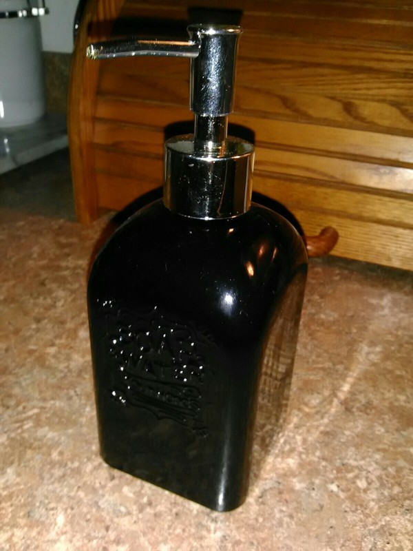Square Glass Black Colored Soap Dispenser Reads "SOAP & WATER YOUR HANDS" * New!