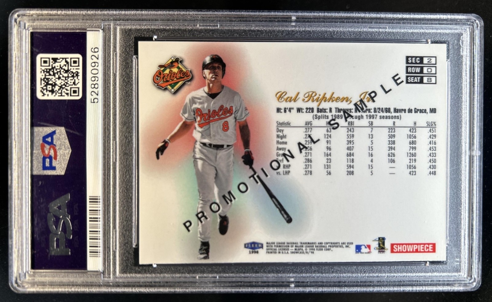 1998 Fleer Flair Showcase Cal Ripken Jr. Row 0 Promotional Sample #8 PSA 9 view 2