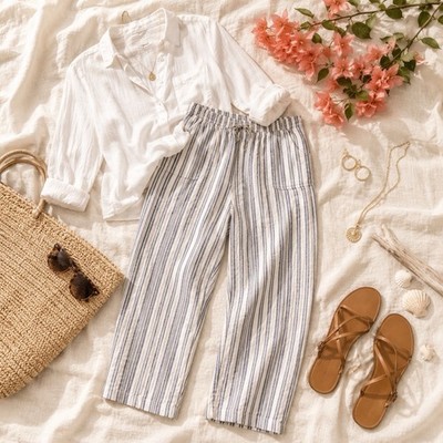 Linen Cooling Wide Leg Pants Coastal Stripe Drawstring Elastic Beach 2X Plus