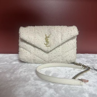 Saint Laurent Loulou Puffer Medium Shoulder Bag White Boucle Tweed Winter Auth