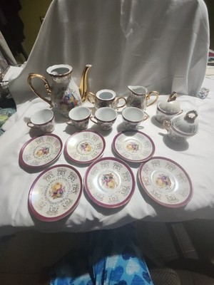  Vtg Porcelain Tea Set - Courting Couple Motif with Gold Trim - Incomplete 