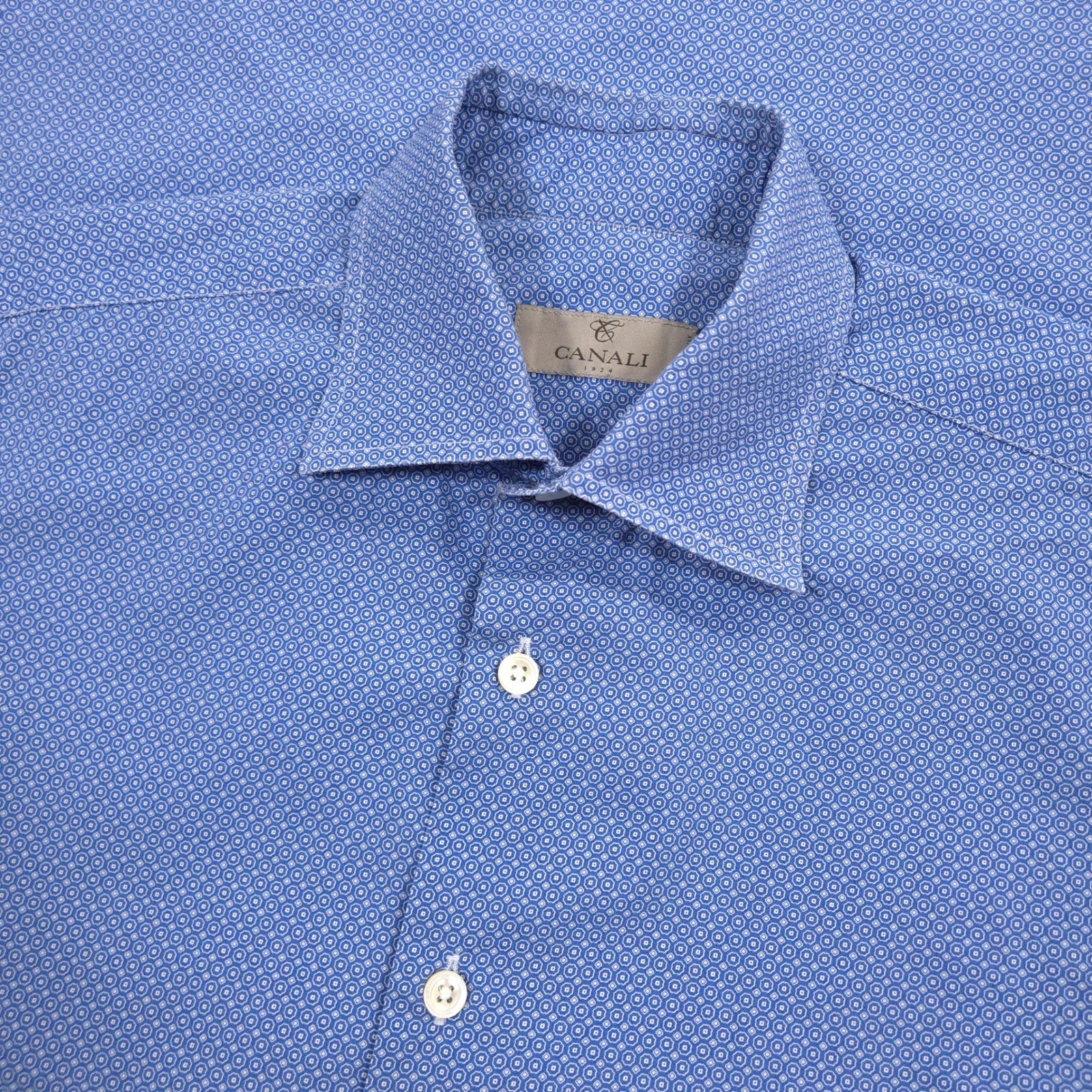 Canali Dress Shirt Mens 39 15.5-33 Blue White Geometric Print AOP Made In Italy