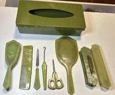 Art Deco 9-piece VANITY SET Pearlized Jade Green, Amber CELLULOID, Mirror, brush