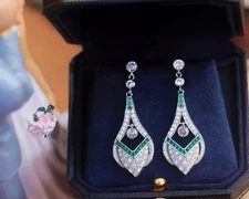 Art Deco Style Created Diamond Emerald Drop Dangle Retro Earrings 14K White Gold