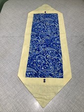Handmade Table Runner 14x40 Blue Paisley Floral Cotton Yellow Border Buttons