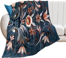 Flannel Throw Blanket Ultra 50x60in/130x150cm Norwegian Rosemaling Folk Style