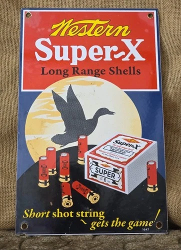 VINTAGE WESTERN SUPER X AMMUNITION PORCELAIN SIGN GUN AMMO 14"×9"