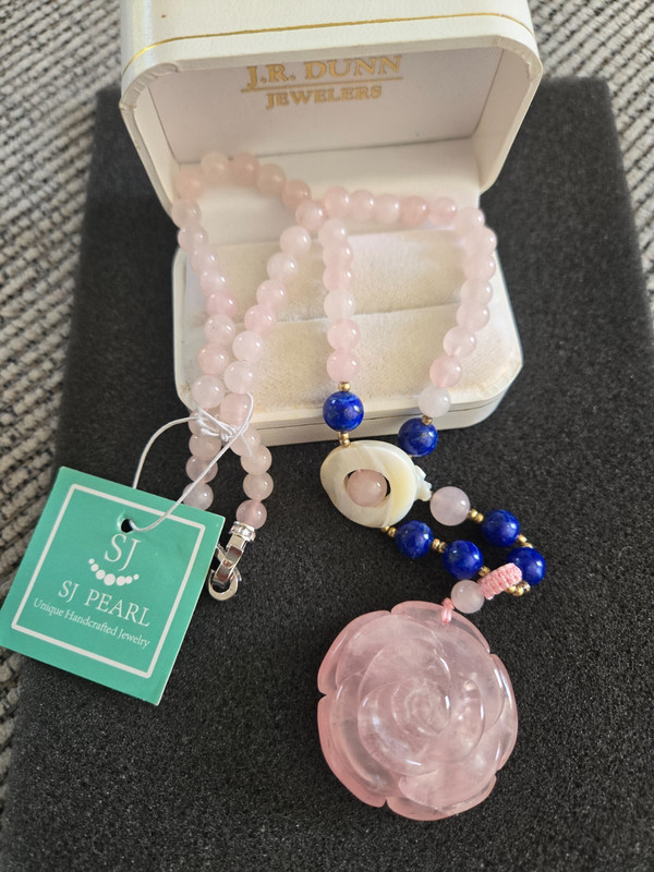 SJ Pearl Necklace - Rose Quartz Lapis Beaded w Large Solid Carved Flower